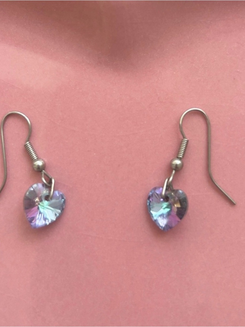 ⁠Coquette Iridescent Holographic Heart Earrings ✦ Y2K Crystal Dangles⁠